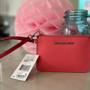 Michael Kors Jet Set Travel coral SM wristlet leather wallet NWT